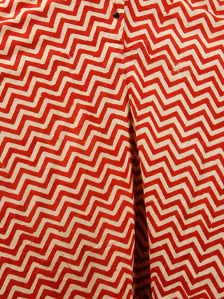 Red Beige Hand Block Printed Cotton Cowl Dress With Shirt Collar And Side Pockets - D269F1359