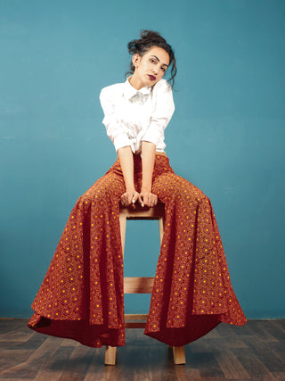 Maroon Yellow Beige Hand Block Printed Semi Elasticated Waist Cotton Sharara  - Sh14F709