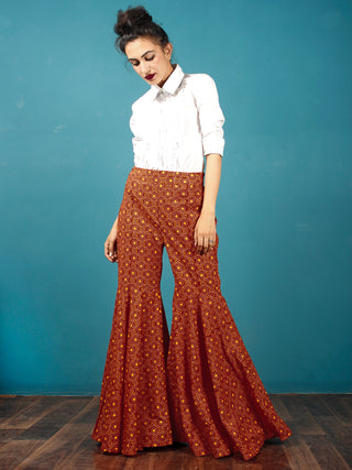 Maroon Yellow Beige Hand Block Printed Semi Elasticated Waist Cotton Sharara  - Sh14F709