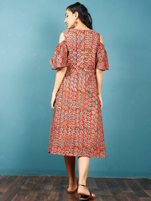 Red Mustard Indigo Hand Block Printed Cotton Dress With Cold Shoulders  - D241F1398
