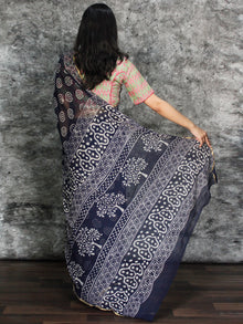 Indigo White Hand Block Printed Chiffon Saree with Zari Border - S031703121
