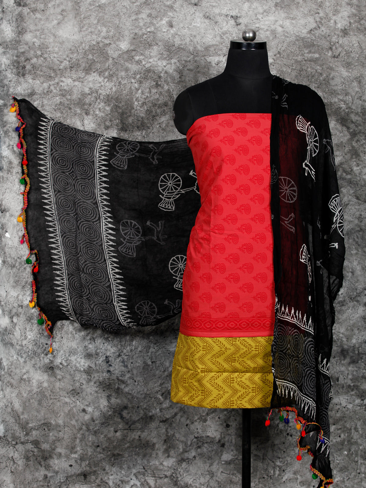 Mustard Coral Black Hand Block Printed Cotton Suit-Salwar Fabric With Chiffon Dupatta (Set of 3) - SU01HB382