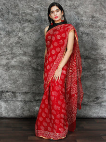 Red White Hand Block Printed Chiffon Saree with Zari Border - S031703122