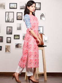 Pink Blue White Hand Block Printed Kurta in Natural Colors - K81F1480