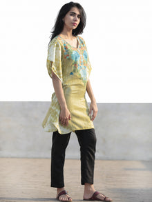 Chartreuse Green Blue Orange Aari Embroidered Short Kashmere Kaftan  - K11K049