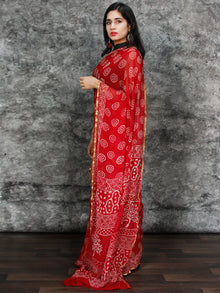 Red White Hand Block Printed Chiffon Saree with Zari Border - S031703122