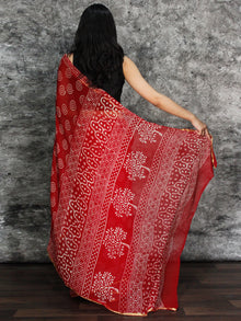 Red White Hand Block Printed Chiffon Saree with Zari Border - S031703122