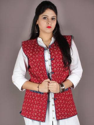 Red White Indigo Hand Block Dabu Printed Jacket With Anchor Embroidery - J0106702