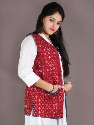 Red White Indigo Hand Block Dabu Printed Jacket With Anchor Embroidery - J0106702