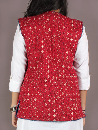 Red White Indigo Hand Block Dabu Printed Jacket With Anchor Embroidery - J0106702