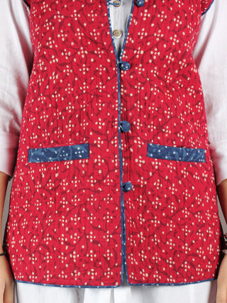 Red White Indigo Hand Block Dabu Printed Jacket With Anchor Embroidery - J0106702