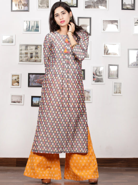 Grey Pink Peach White Handloom Mercerised Ikat Long Kurta With Tassels - K91F1406