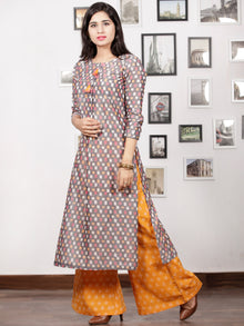 Grey Pink Peach White Handloom Mercerised Ikat Long Kurta With Golden Yellow Culottes (Set of 2)   - D283F1406