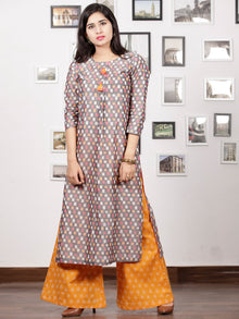Grey Pink Peach White Handloom Mercerised Ikat Long Kurta With Tassels - K91F1406