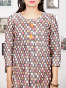 Grey Pink Peach White Handloom Mercerised Ikat Long Kurta With Tassels - K91F1406