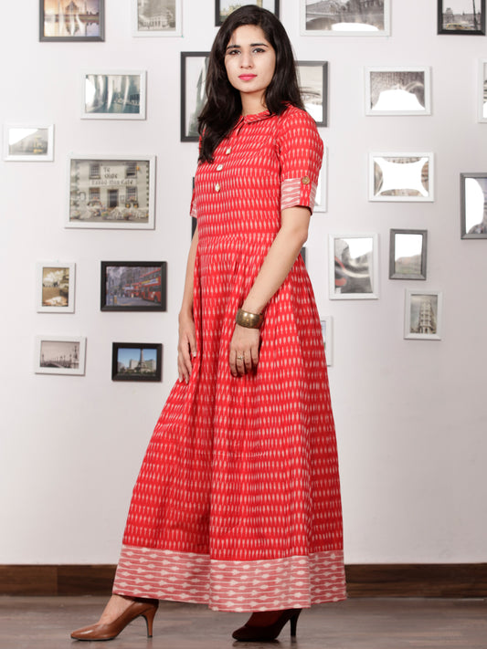 Red Ivory Wine Pink Handloom Mercerised Ikat Long Cotton Dress With Kalamkari Patch Work - D281F1267