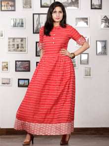 Red Ivory Wine Pink Handloom Mercerised Ikat Long Cotton Dress With Kalamkari Patch Work - D281F1267