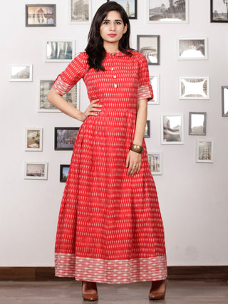 Red Ivory Wine Pink Handloom Mercerised Ikat Long Cotton Dress With Kalamkari Patch Work - D281F1267