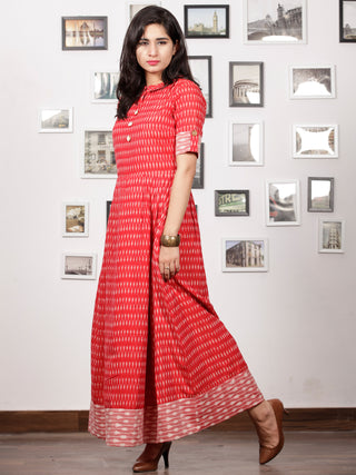 Red Ivory Wine Pink Handloom Mercerised Ikat Long Cotton Dress With Kalamkari Patch Work - D281F1267