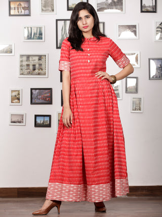 Red Ivory Wine Pink Handloom Mercerised Ikat Long Cotton Dress With Kalamkari Patch Work - D281F1267