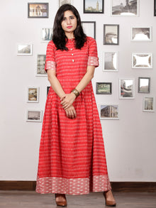 Red Ivory Wine Pink Handloom Mercerised Ikat Long Cotton Dress With Kalamkari Patch Work - D281F1267