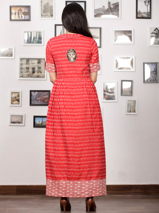 Red Ivory Wine Pink Handloom Mercerised Ikat Long Cotton Dress With Kalamkari Patch Work - D281F1267