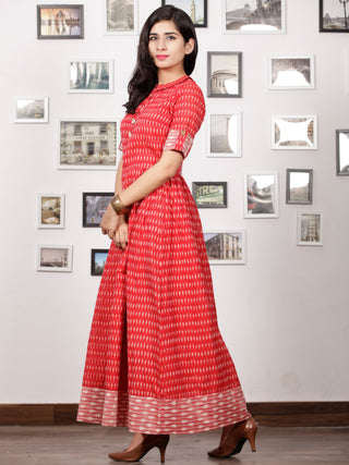 Red Ivory Wine Pink Handloom Mercerised Ikat Long Cotton Dress With Kalamkari Patch Work - D281F1267