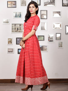Red Ivory Wine Pink Handloom Mercerised Ikat Long Cotton Dress With Kalamkari Patch Work - D281F1267