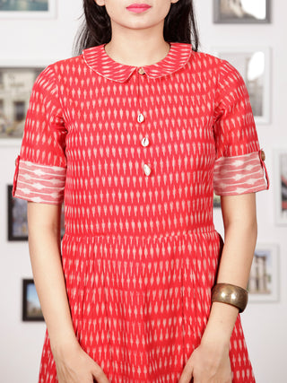 Red Ivory Wine Pink Handloom Mercerised Ikat Long Cotton Dress With Kalamkari Patch Work - D281F1267