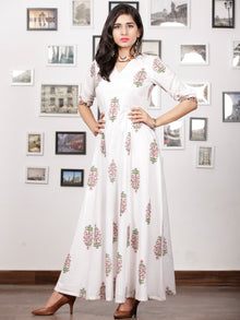 White Pink Green Hand Block Printed Panel Cotton Long Dress With Cape (Set of 2) - D282F1502