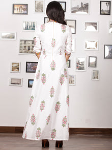 White Pink Green Hand Block Printed Panel Cotton Long Dress - D282BF1502