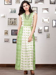 White Pastel Green Long Sleeveless Handwoven Double Ikat Dress With Side Pockets - D275F1451