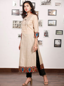 Beige Hand Embroidered South Handloom Cotton Kurta With Kalamkari Patch   - K133F1488
