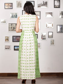 White Pastel Green Long Sleeveless Handwoven Double Ikat Dress With Side Pockets - D275F1451