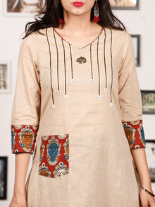 Beige Hand Embroidered South Handloom Cotton Kurta With Kalamkari Patch   - K133F1488