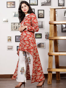 Red Beige White Hand Block Printed Cotton Asymmetric Kurta & Palazzo Dress (Set of 2) - D284F1306