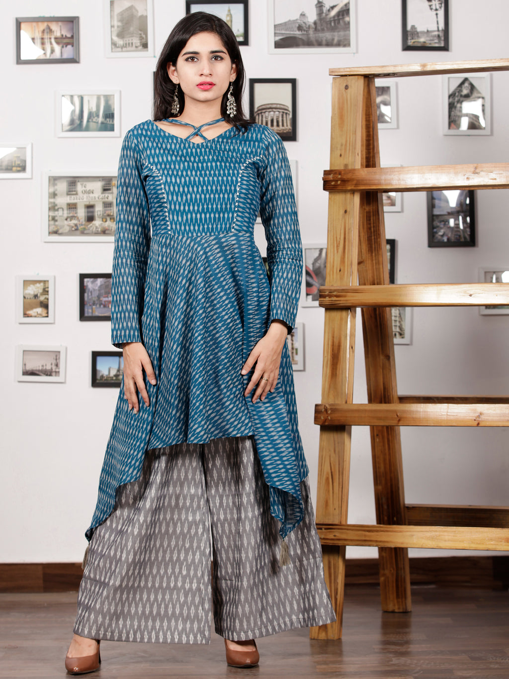 Teal Blue Grey Silk Cotton Ikat Asymmetric Kurta Culottes Dress