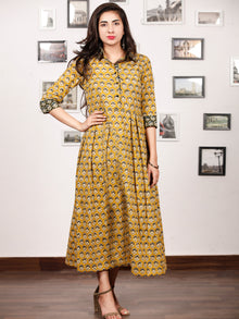 MUSTARD BLOOM - Hand Block Printed Cotton Long Dress  - D329F1735