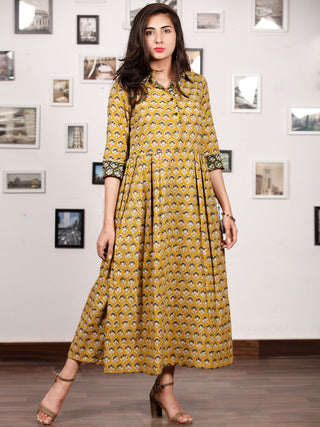 MUSTARD BLOOM - Hand Block Printed Cotton Long Dress  - D329F1735