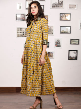 MUSTARD BLOOM - Hand Block Printed Cotton Long Dress  - D329F1735