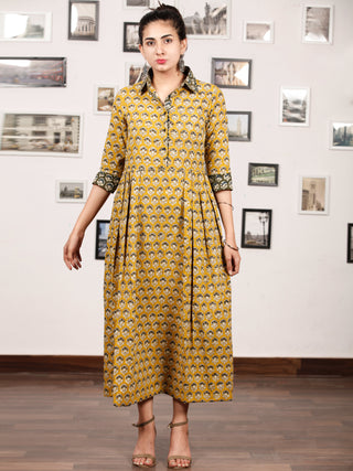 MUSTARD BLOOM - Hand Block Printed Cotton Long Dress  - D329F1735