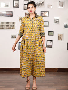 MUSTARD BLOOM - Hand Block Printed Cotton Long Dress  - D329F1735