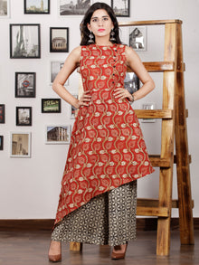 Red Beige Black Ivory Hand Block Printed Cotton Asymmetric Kurta & Palazzo Dress (Set of 2) - D287F1367