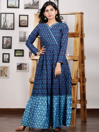 Indigo Blue Grey Handloom Mercerised Ikat Long Cotton Tier Dress With Gathers - D169F1298