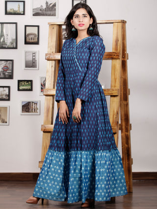 Indigo Blue Grey Handloom Mercerised Ikat Long Cotton Tier Dress With Gathers - D169F1298