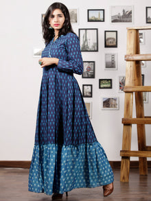 Indigo Blue Grey Handloom Mercerised Ikat Long Cotton Tier Dress With Gathers - D169F1298