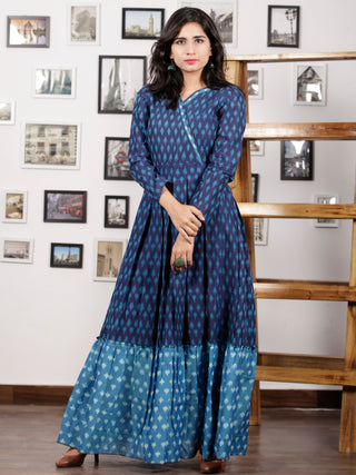 Indigo Blue Grey Handloom Mercerised Ikat Long Cotton Tier Dress With Gathers - D169F1298