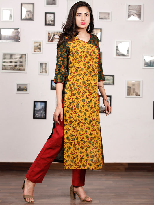 Yellow Bottle Green Ajrakh Hand Block Printed Kurta - K138f1684