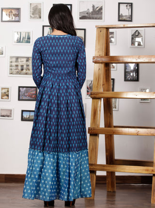 Indigo Blue Grey Handloom Mercerised Ikat Long Cotton Tier Dress With Gathers - D169F1298
