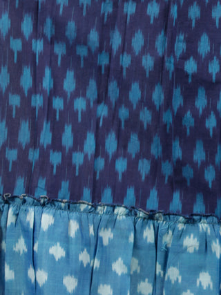 Indigo Blue Grey Handloom Mercerised Ikat Long Cotton Tier Dress With Gathers - D169F1298